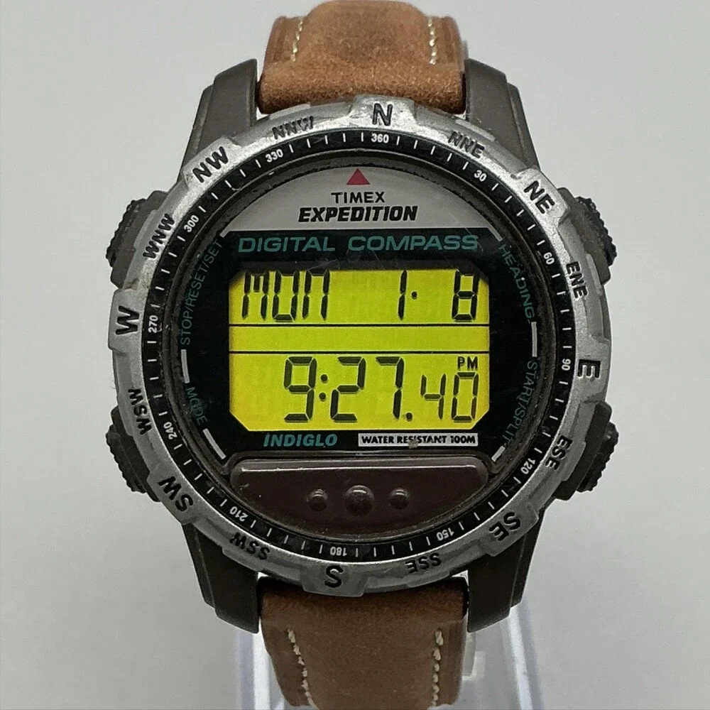 Timex Expedition Mens Watch 42mm Green Digital Brown Leather Compass New Battery